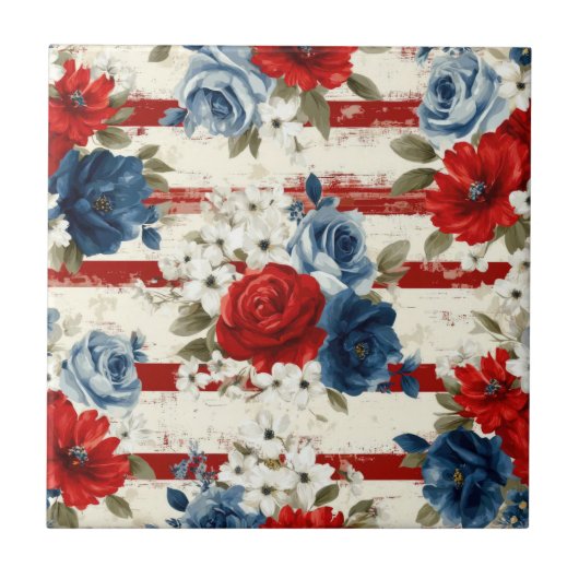Patriotic Red Blue White Floral (2) タイル (正面)
