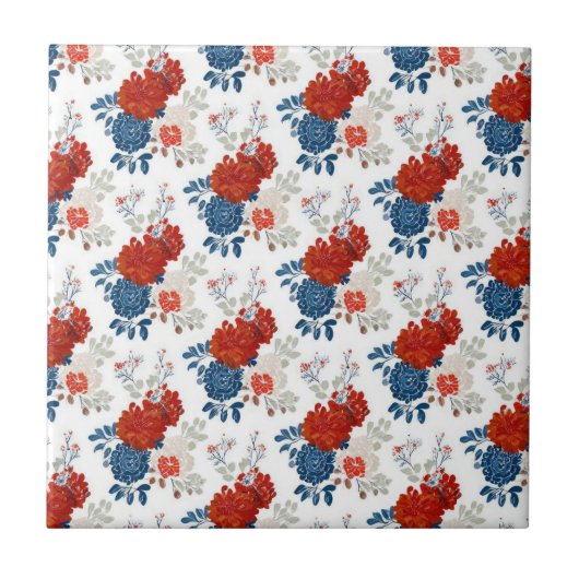 Patriotic Red Blue White Floral (4) タイル (正面)