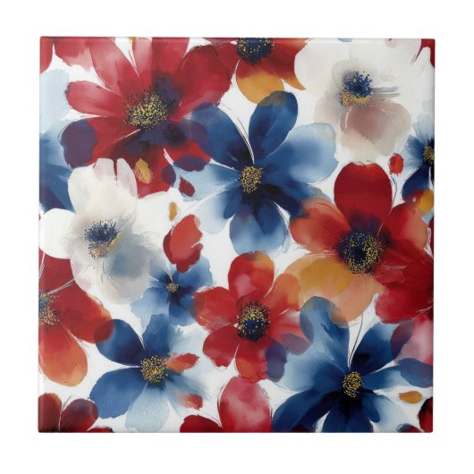 Patriotic Red Blue White Floral (5) タイル (正面)