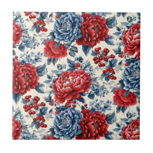 Patriotic Red Blue White Floral (7) タイル (正面)