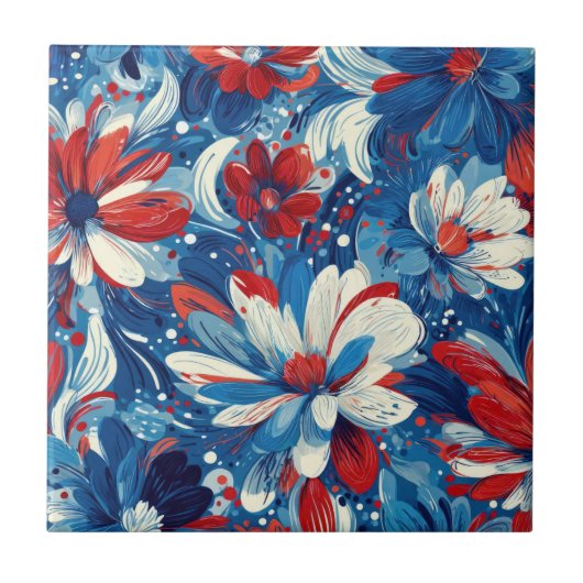 Patriotic Red Blue White Floral (8) タイル (正面)