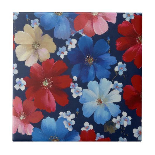 Patriotic Red Blue White Floral (9) タイル (正面)
