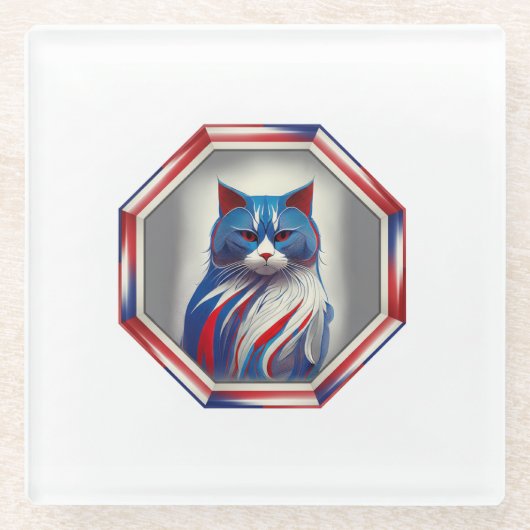 Patriotic Red White & Blue Cat In Frame ガラスコースター (正面)