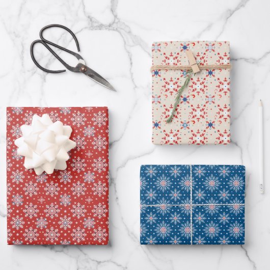 Patriotic Red White Blue Christmas Snowflake Wrap ラッピングペーパーシート (正面)