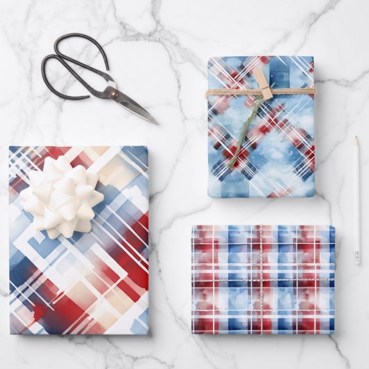 Patriotic Red White Blue Plaid Complementary Set ラッピングペーパーシート (正面)