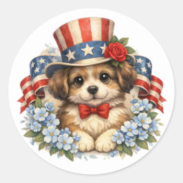 Patriotic Red White Blue Puppy ラウンドシール