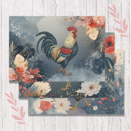 Patriotic Red White Blue Rooster Flowers Leaves ラッピングペーパーシート