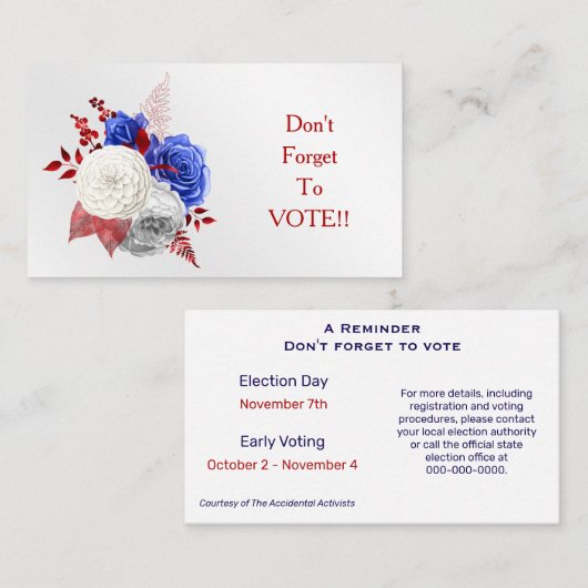 Patriotic Red White Blue Roses Vote Reminder 名刺 (正面/裏面)