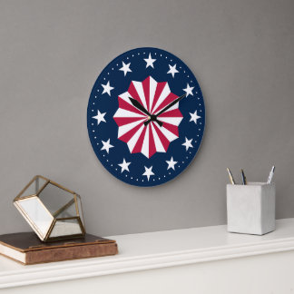 Patriotic Red White Blue Stars Stripes Rosette ラージ壁時計