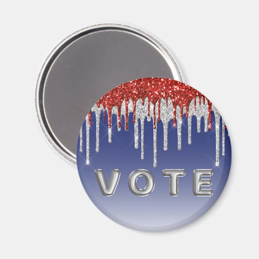 Patriotic Red White Glitter Drip Blue Vote マグネット (正面/裏面)