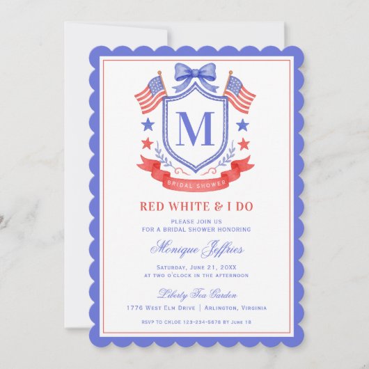 Patriotic Red White & I Do Monogram Bridal Shower 招待状 (正面)