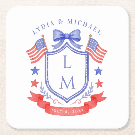 Patriotic Red White & I Do Monogram Wedding スクエアペーパーコースター (正面)