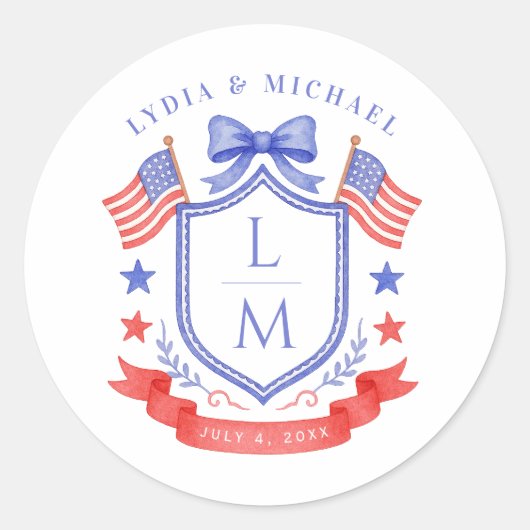 Patriotic Red White & I Do Monogram Wedding ラウンドシール (正面)