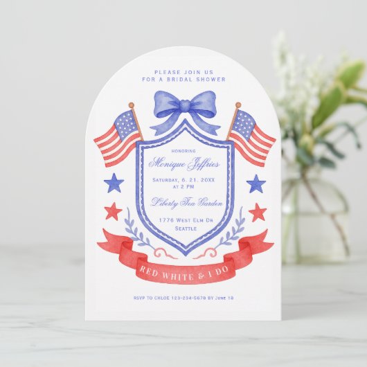 Patriotic Red White & I DoCrest  Bridal Shower 招待状 (スタンド正面)