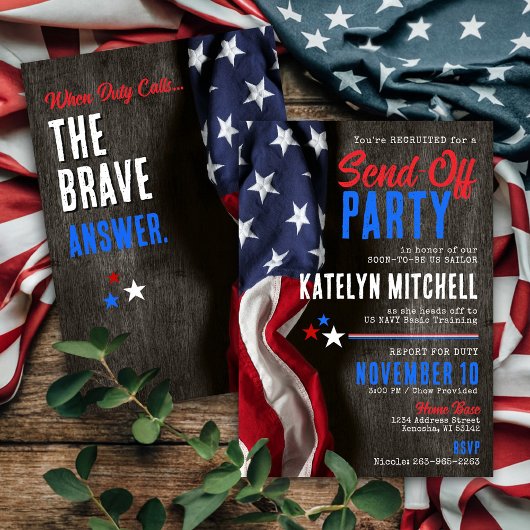 Patriotic Rustic US Flag Military Send-Off Party 招待状
