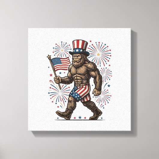 Patriotic Sasquatch Fireworks Vintage Engraving De キャンバスプリント (正面)