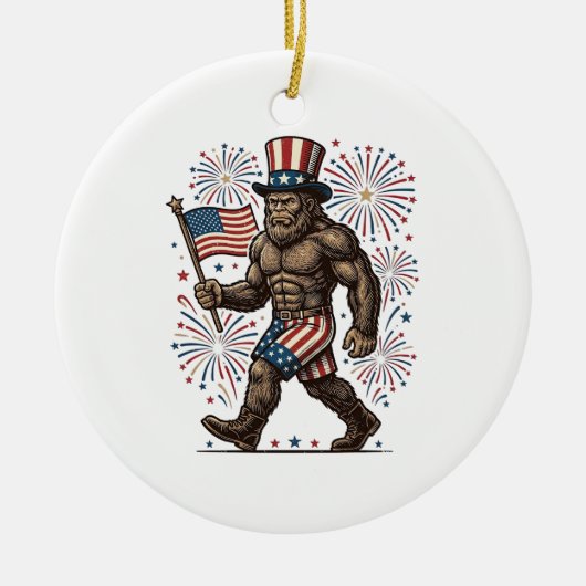 Patriotic Sasquatch Fireworks Vintage Engraving De セラミックオーナメント (正面)