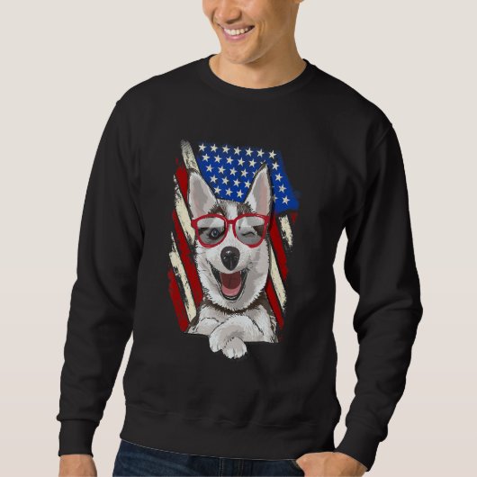 Patriotic Siberian Husky American Flag Dog スウェットシャツ (正面)