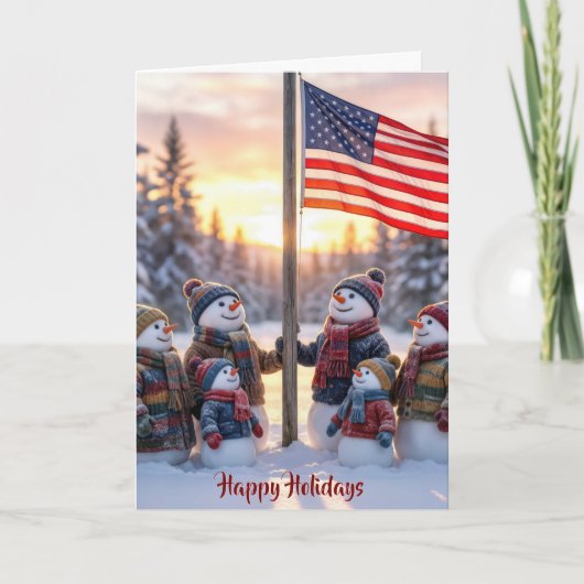 Patriotic Snowman Family With American Flag カード (正面)