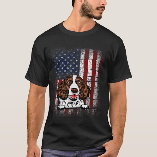 Patriotic Springer Spaniel American Flag Dog Tシャツ (正面)