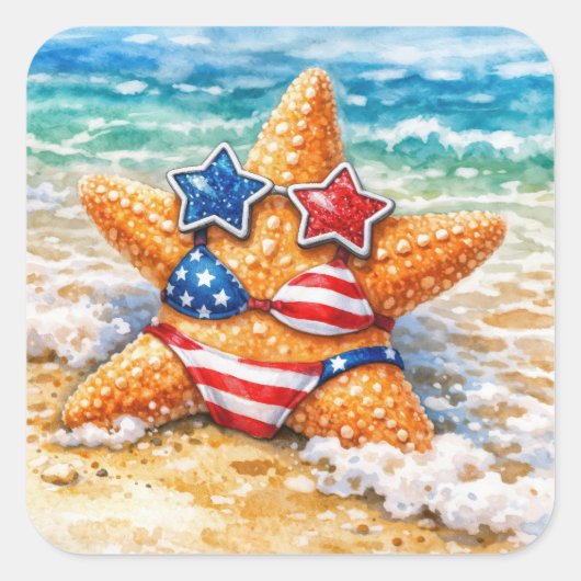 Patriotic Starfish in Beach Sand スクエアシール (正面)