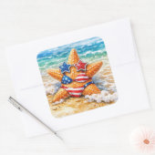 Patriotic Starfish in Beach Sand スクエアシール (封筒)