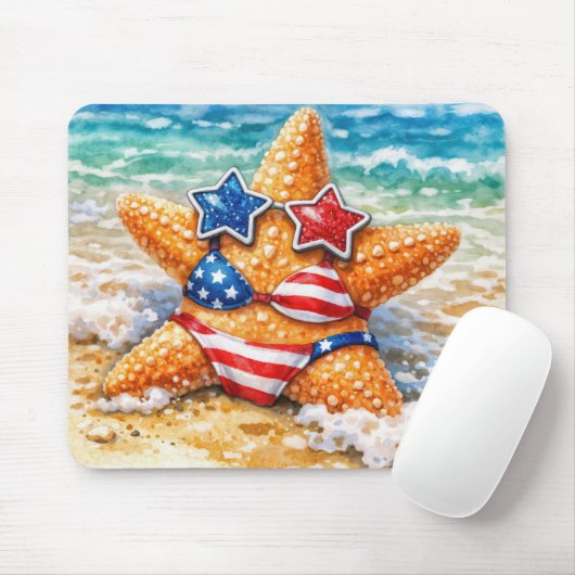 Patriotic Starfish in Beach Sand マウスパッド (マウス)