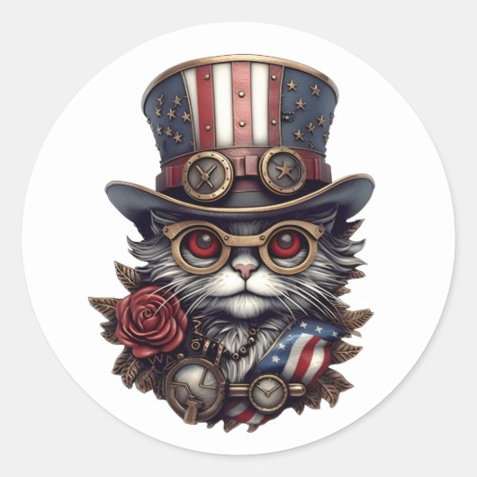 Patriotic Steampunk Cat with Goggles ラウンドシール (正面)