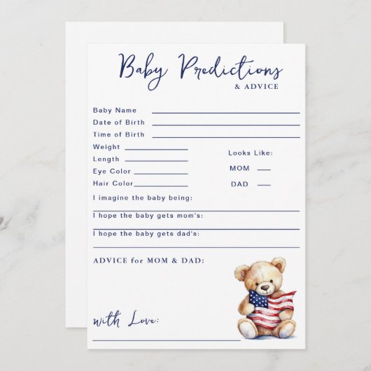 Patriotic Teddy Bear Red Blue Baby Predictions 招待状 (正面/裏面)