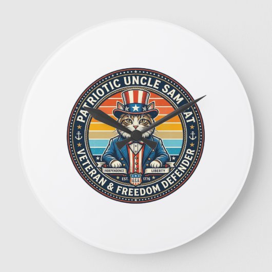 Patriotic Uncle Sam Cat Retro Sunset T-Shirt (2)_1 ラージ壁時計 (正面)