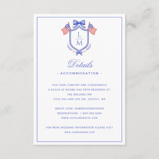 Patriotic US Flag Crest | Monogram Wedding Details エンクロージャーカード (正面)
