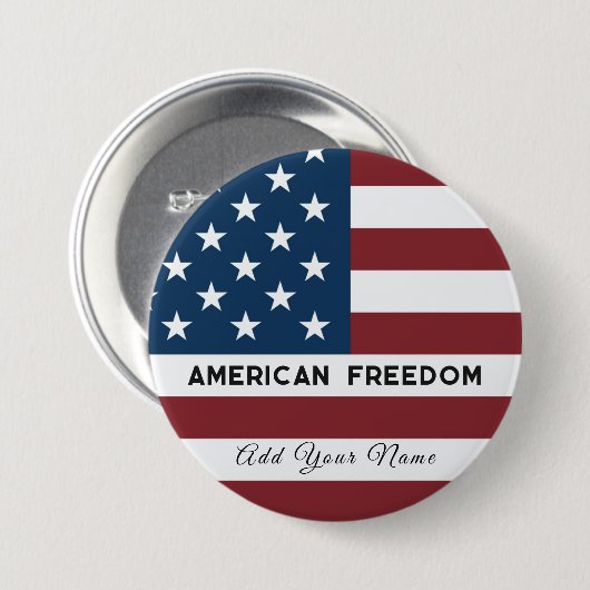 Patriotic US Flag Custom Text Name  缶バッジ (正面&裏面)