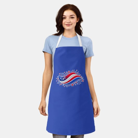 Patriotic USA Apron – Red White Blue Stars & Wave  エプロン (着用した状態)