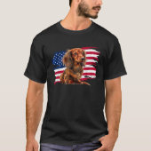Patriotic USA Flag 4th of July Long Haired Dachshu Tシャツ (正面)
