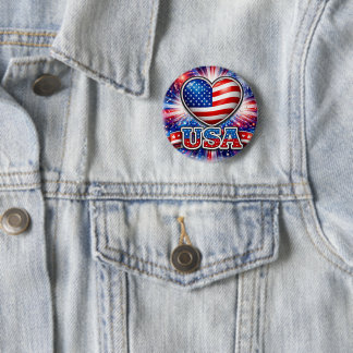 Patriotic USA Heart Button – American Flag  缶バッジ