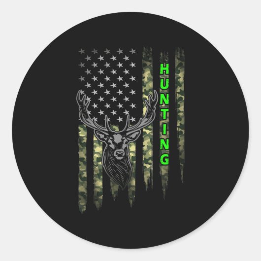 Patriotic Whitetail Buck Deer Hunting American Cam ラウンドシール (正面)