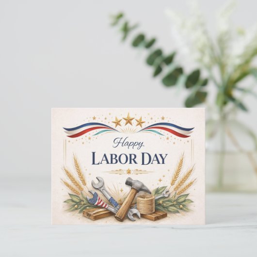 Patriotic Worker Tools Labor Day シーズンポストカード (スタンド正面)