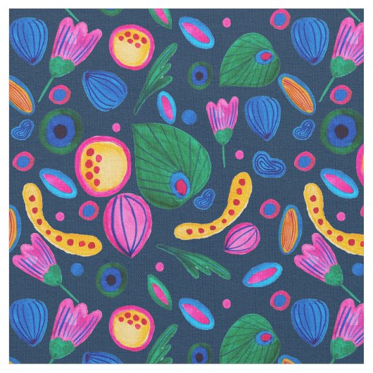 Patrón boho pintado a mano azul navy ファブリック (クローズアップ)