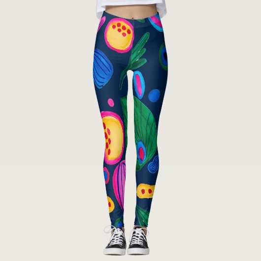 Patrón boho pintado a mano azul navy レギンス (正面)