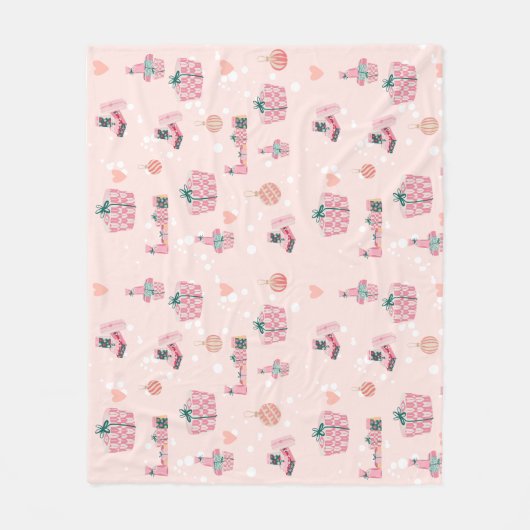 Patrón de Regalos Navideños en Rosa y Verde Pastel フリースブランケット (正面)