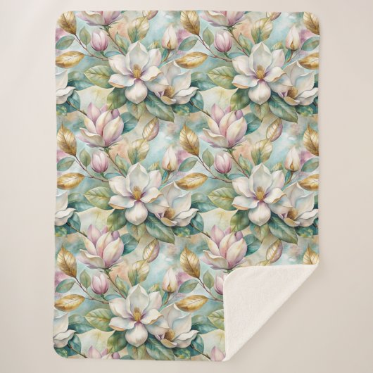 Pattern Elegant Magnolia Flowers シェルパブランケット (正面)