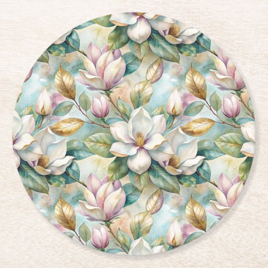 Pattern Elegant Magnolia Flowers ラウンドペーパーコースター (正面)