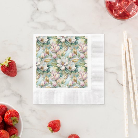 Pattern Elegant Magnolia Flowers 縁ありカクテルナプキン (インサイチュ)
