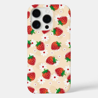 Pattern featuring strawberries and white flowers iPhone 16 proケース