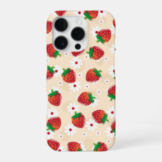 Pattern featuring strawberries and white flowers iPhone 16 proケース
