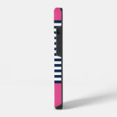 Pattern Navy blue and white bands pink background iPhoneケース (左側面)
