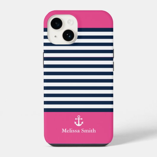 Pattern Navy blue and white bands pink background iPhoneケース (裏面)
