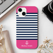 Pattern Navy blue and white bands pink background iPhoneケース