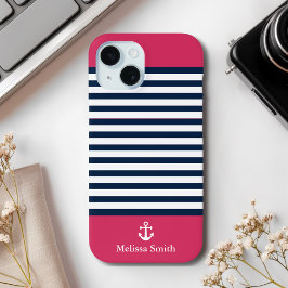 Pattern Navy blue and white bands Red background iPhone 15ケース