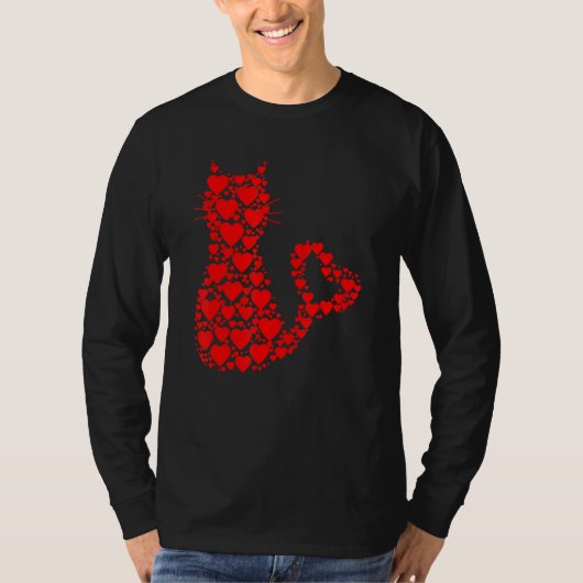 Pattern Red Hearts Cat Lovers Valentine's Day Tシャツ (正面)